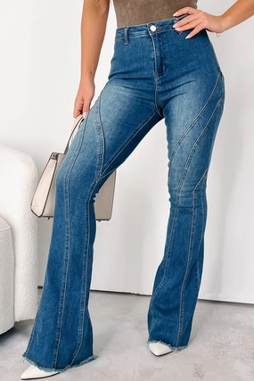 Rural Retreat Seam Detail Flare Jeans (Medium Wash) Circular Knit Construction