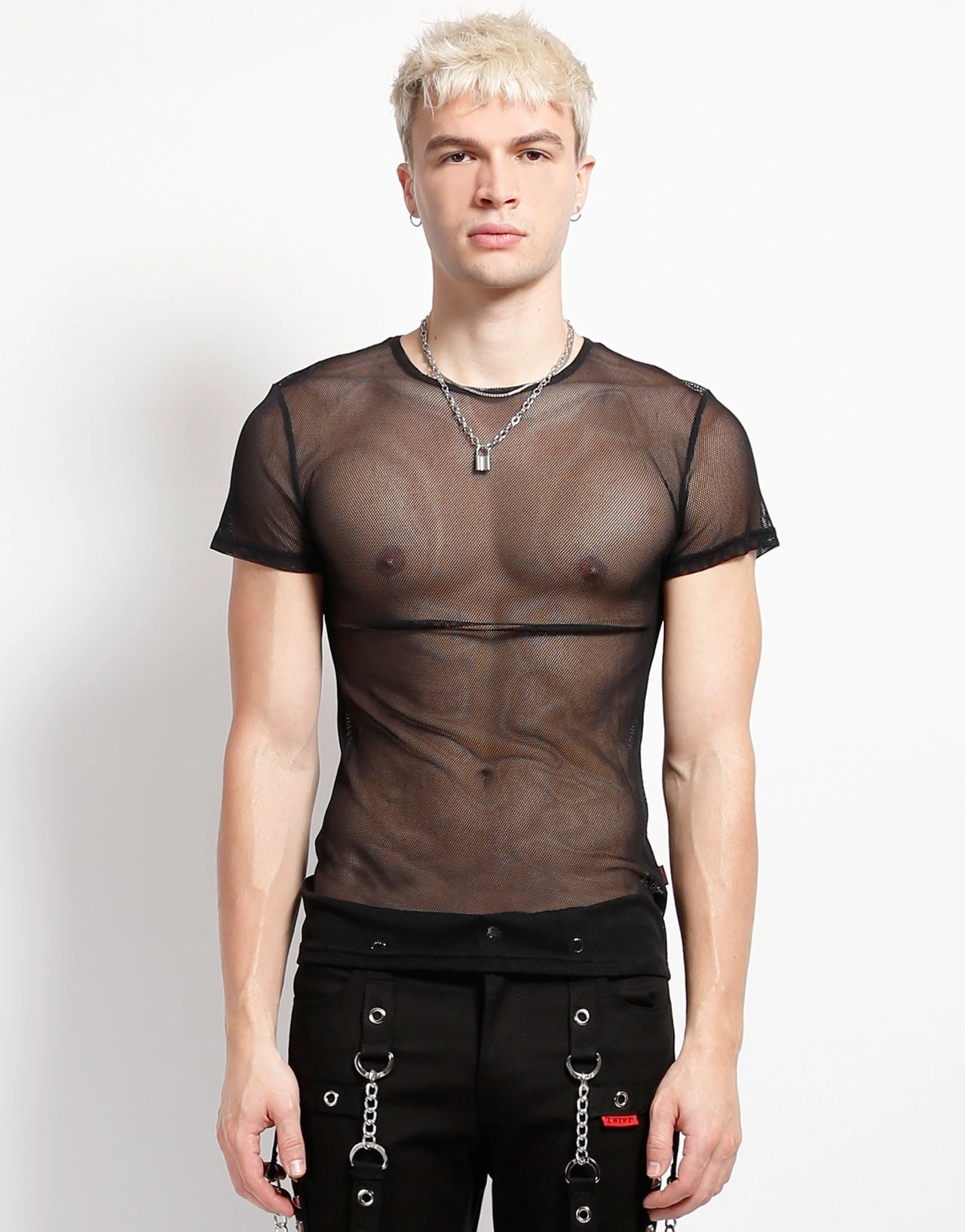 Stain Repellent Coating FlexibleRibbedTrims SHORT SLEEVE FISHNET BLACK