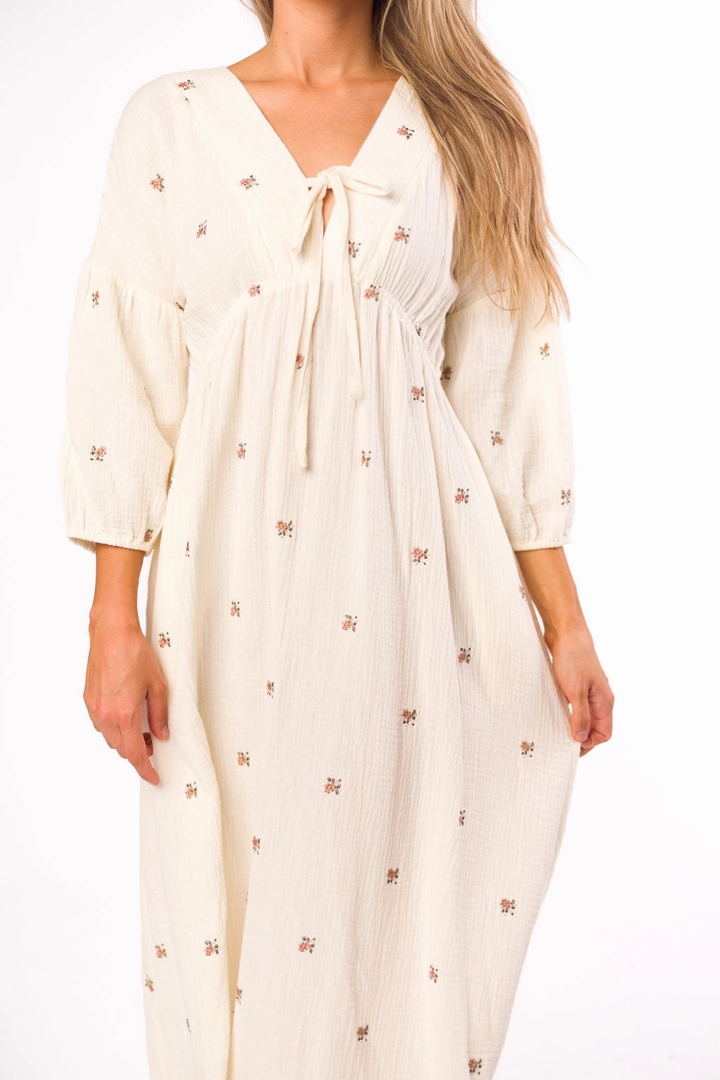 Lightweight Fabric Easy Pretty Hunter 100% Cotton Gauze Midi Dress in Soy/Pink Floral - Bump Friendly