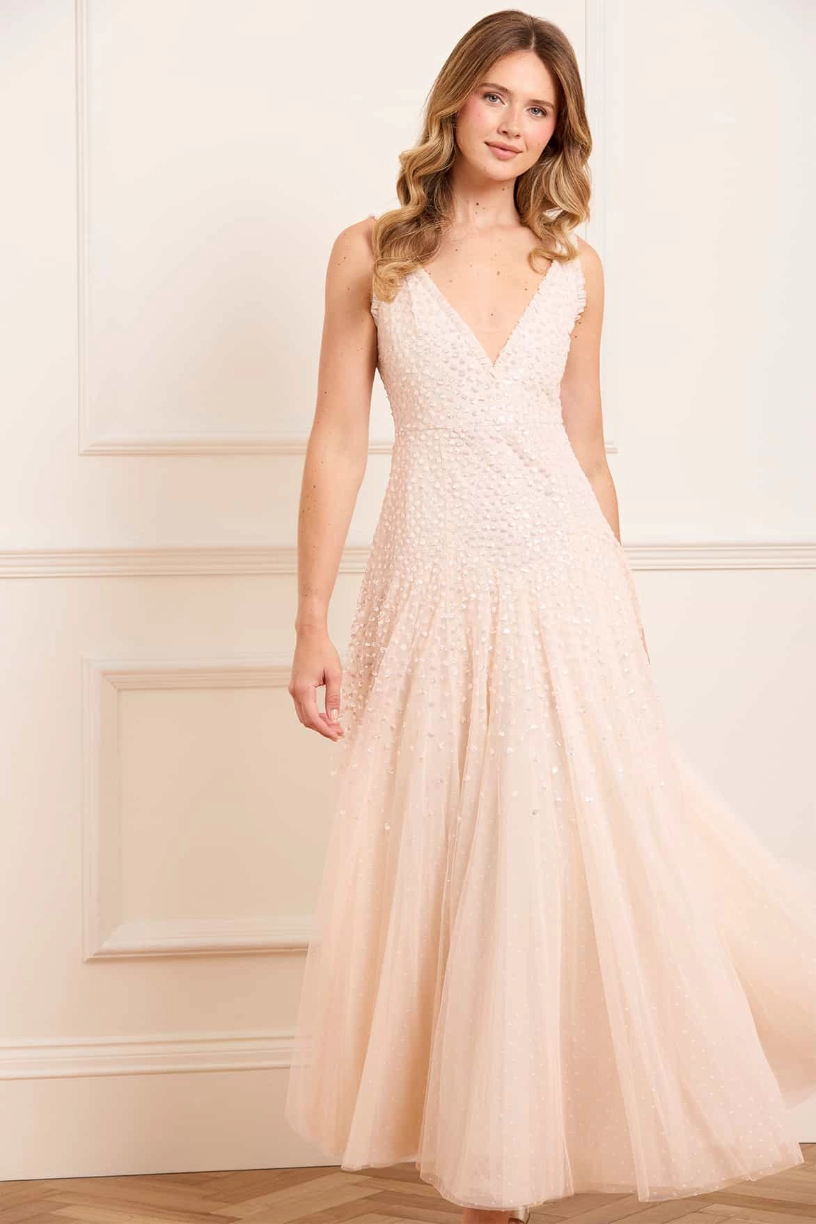 Romantic Mood Sequin Cascade Cami Plunge Gown