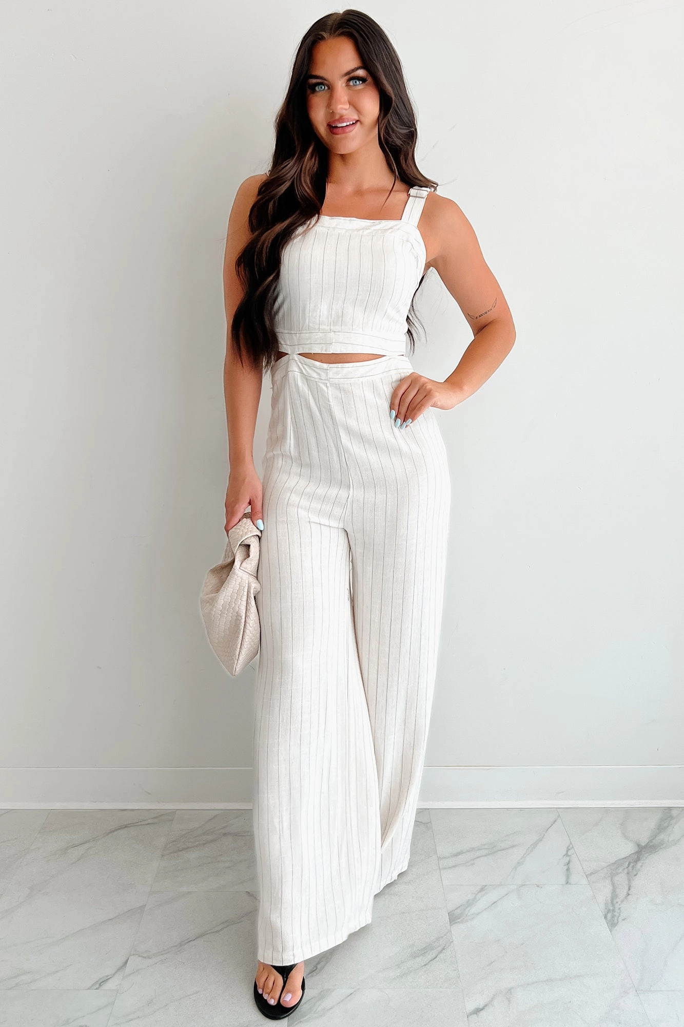 Luxury Teen Days Like This Striped Cut-Out Jumpsuit (Oatmeal)