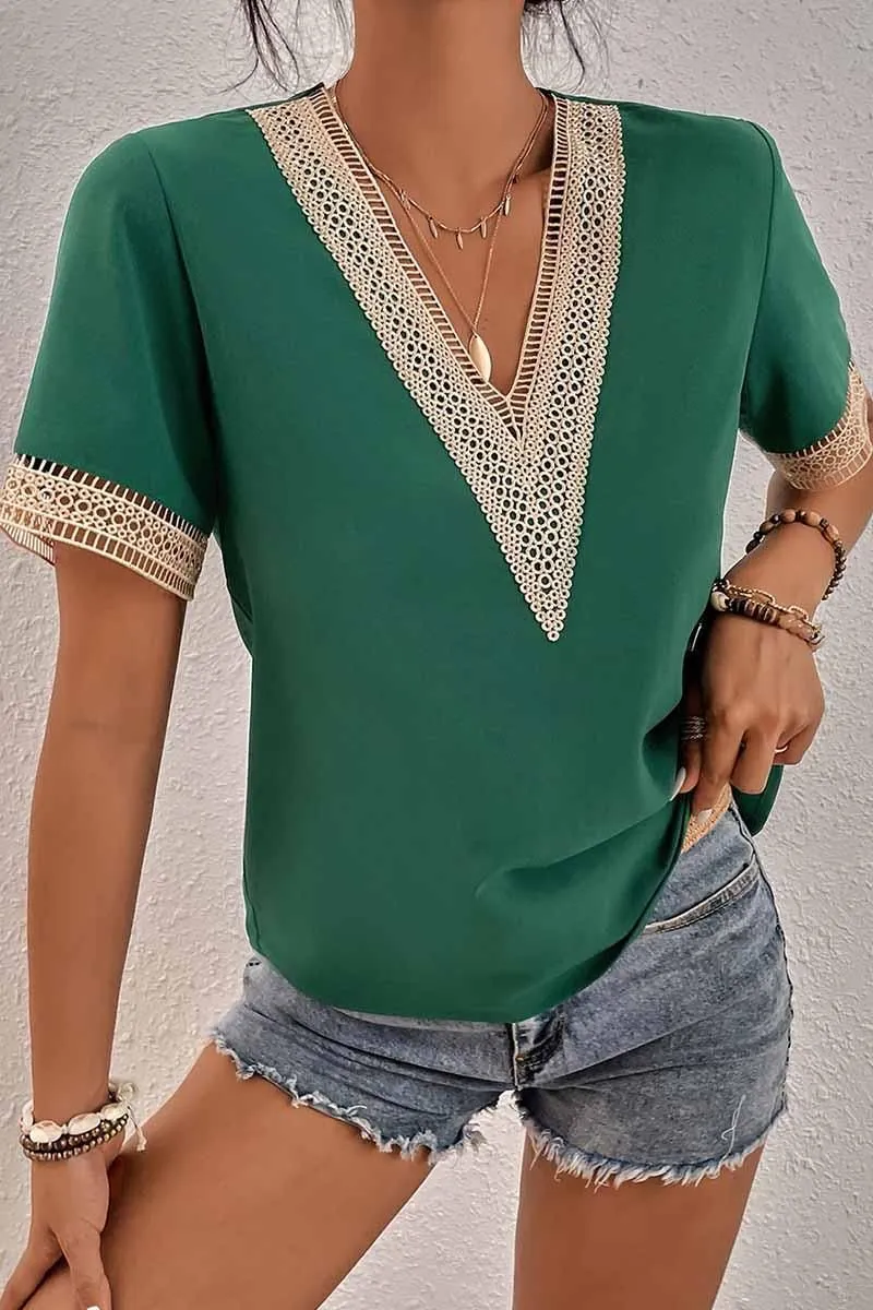Embroidered V NECK LACE POINT SHORT SLEEVE TOP