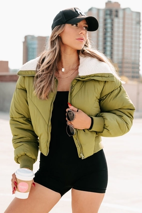 Fashion Forward Up To Snow Good Quilted Puff Jacket (Olive)