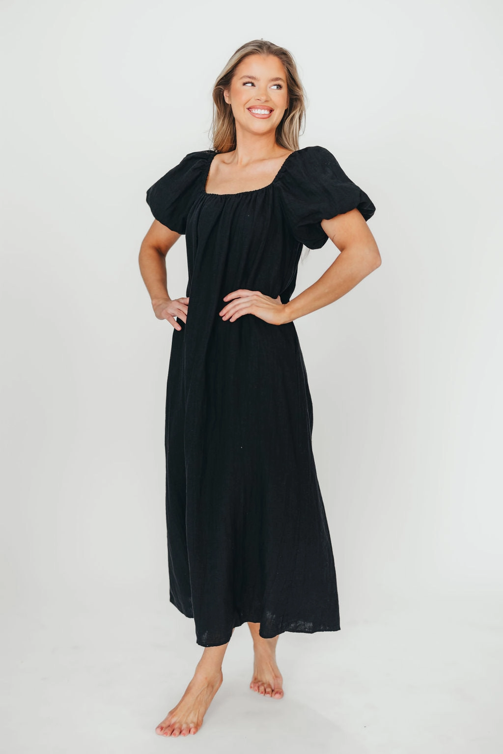 Form Fitting Petal Zone Genoa 100% Linen Maxi Dress in Black - Bump Friendly