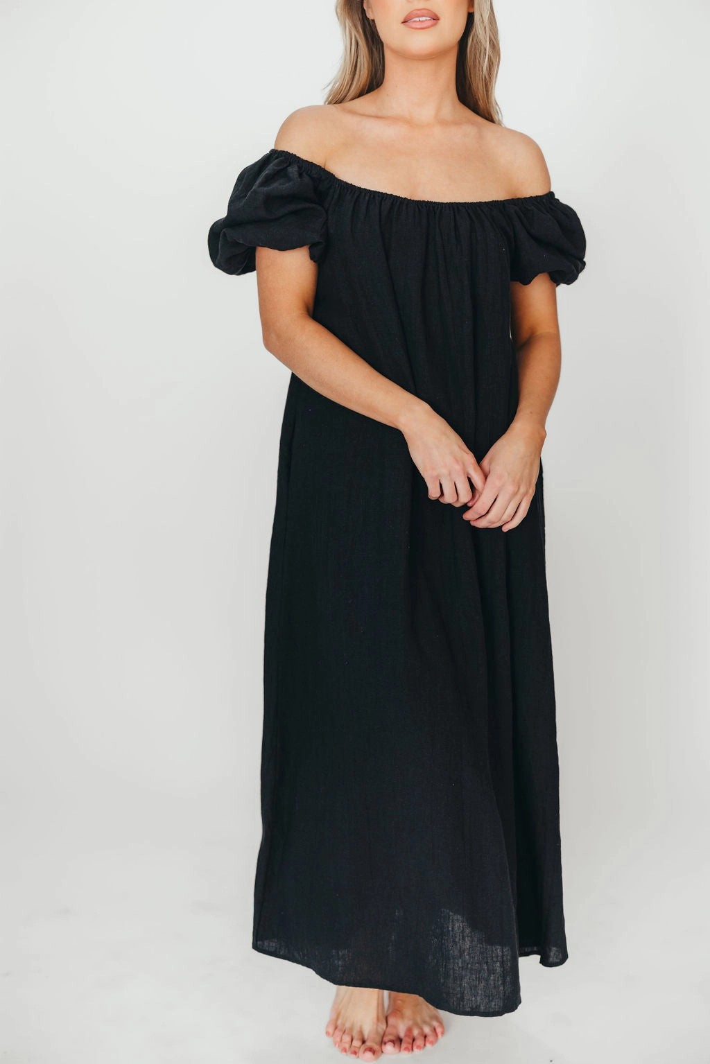 Genoa 100% Linen Maxi Dress in Black - Bump Friendly Modern Layering Airy Fabric