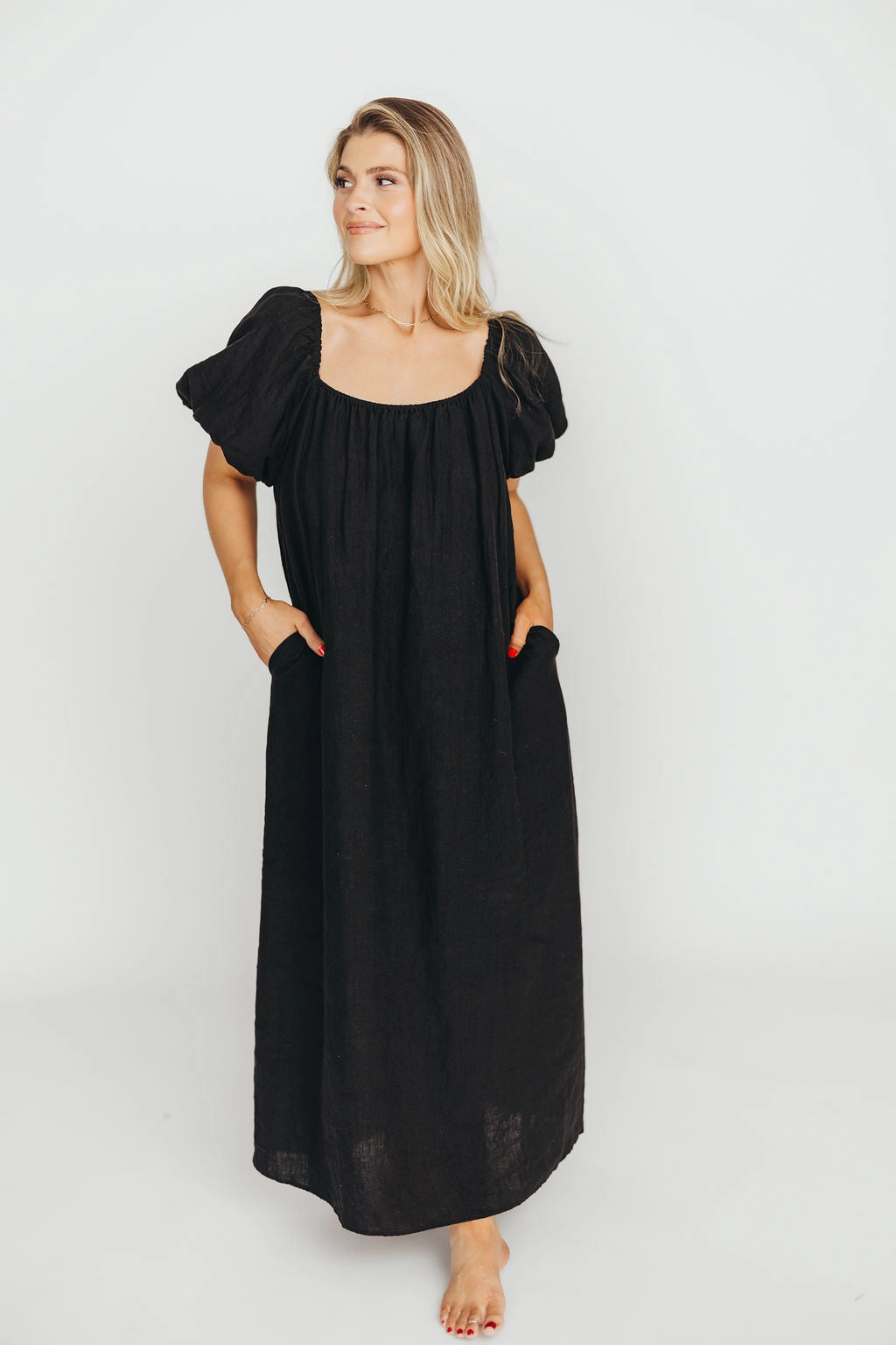 BiasCutSilhouette Genoa 100% Linen Maxi Dress in Black - Bump Friendly