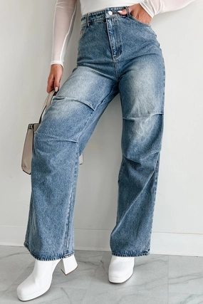 Rugged Feel Urban Roots Knee Tuck Wide Leg Jeans (Washed Denim)
