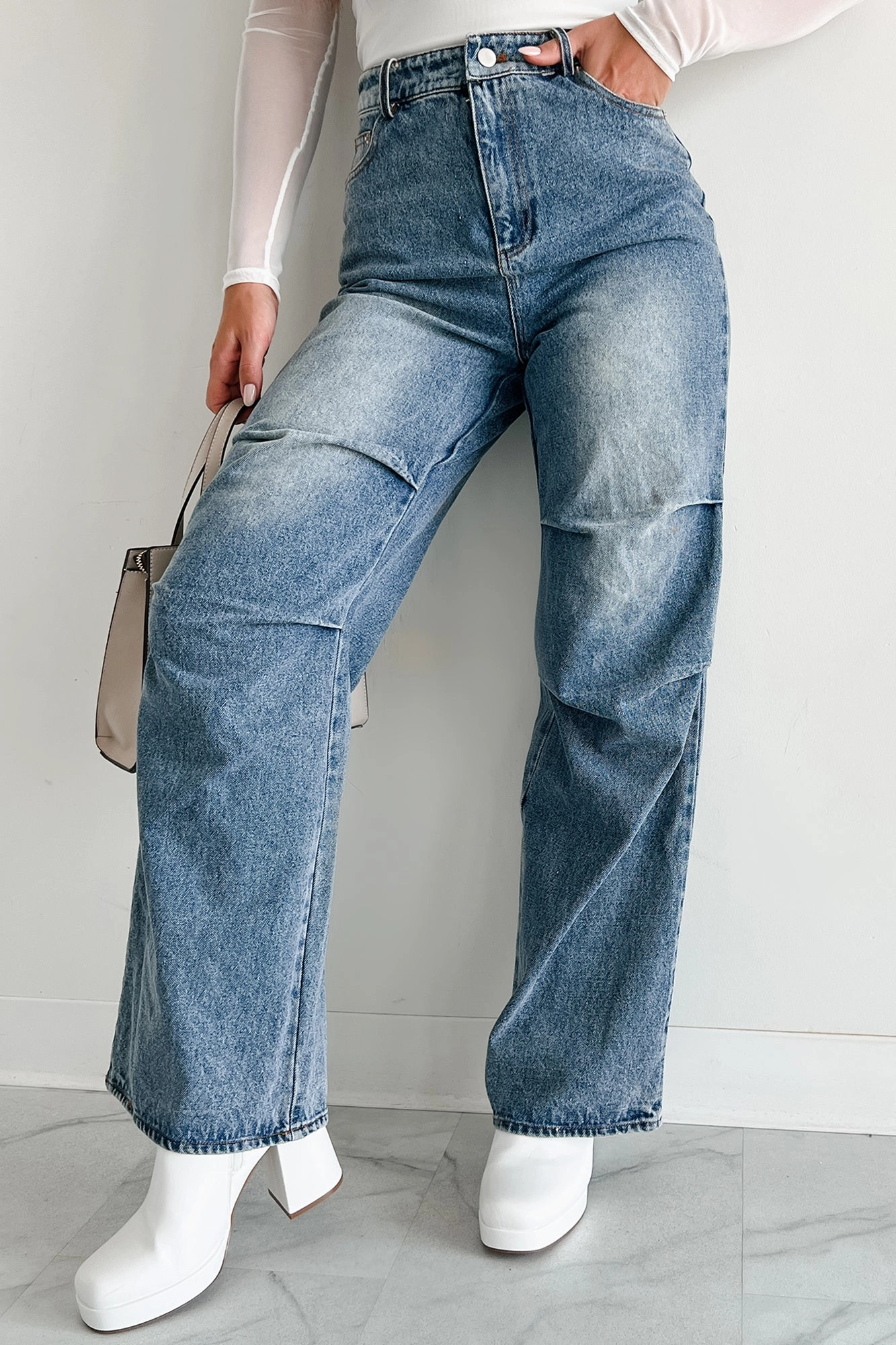 City Ready Urban Roots Knee Tuck Wide Leg Jeans (Washed Denim)