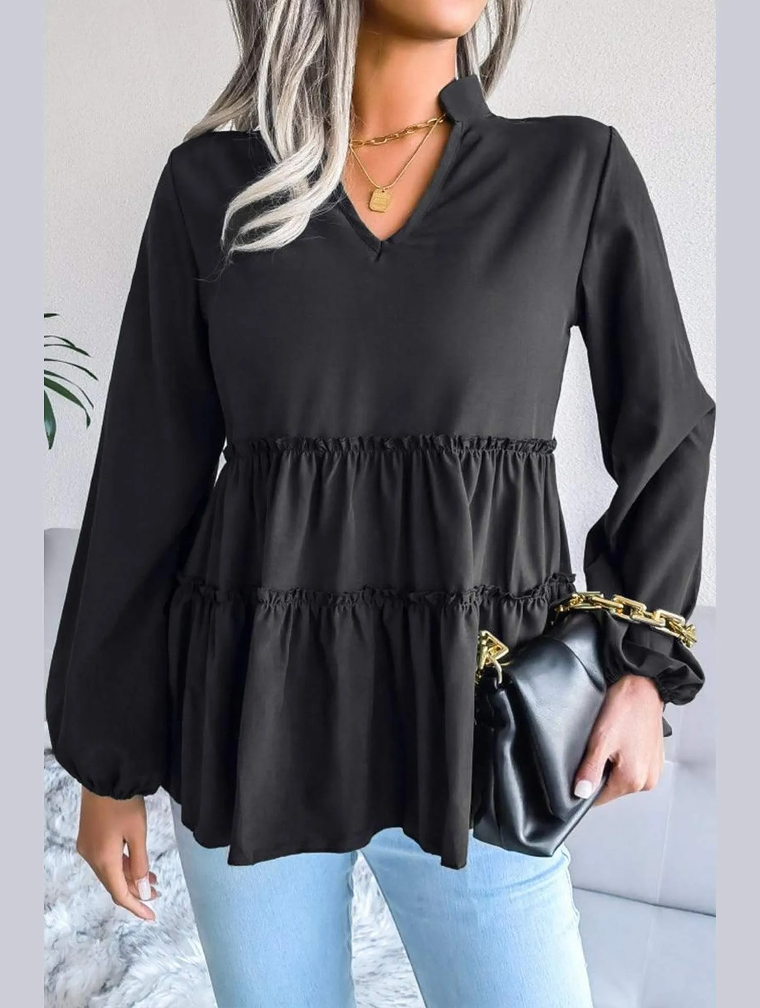 Relax Comfort Style SoftenedNeckline LANTERN LONG SLEEVE RUFFLED CHIFFON TUNIC TOP