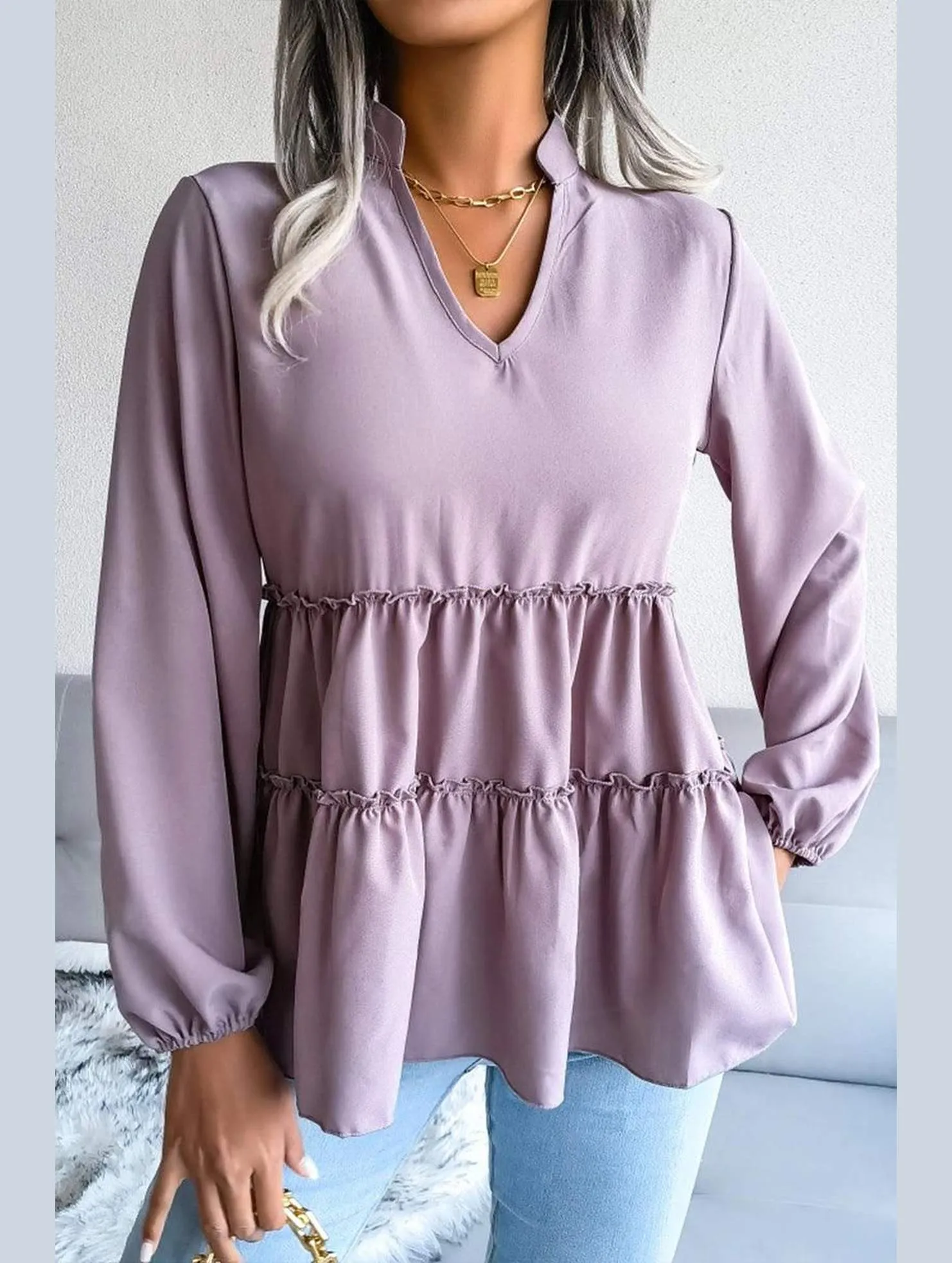 LANTERN LONG SLEEVE RUFFLED CHIFFON TUNIC TOP Customizable Travel Trend