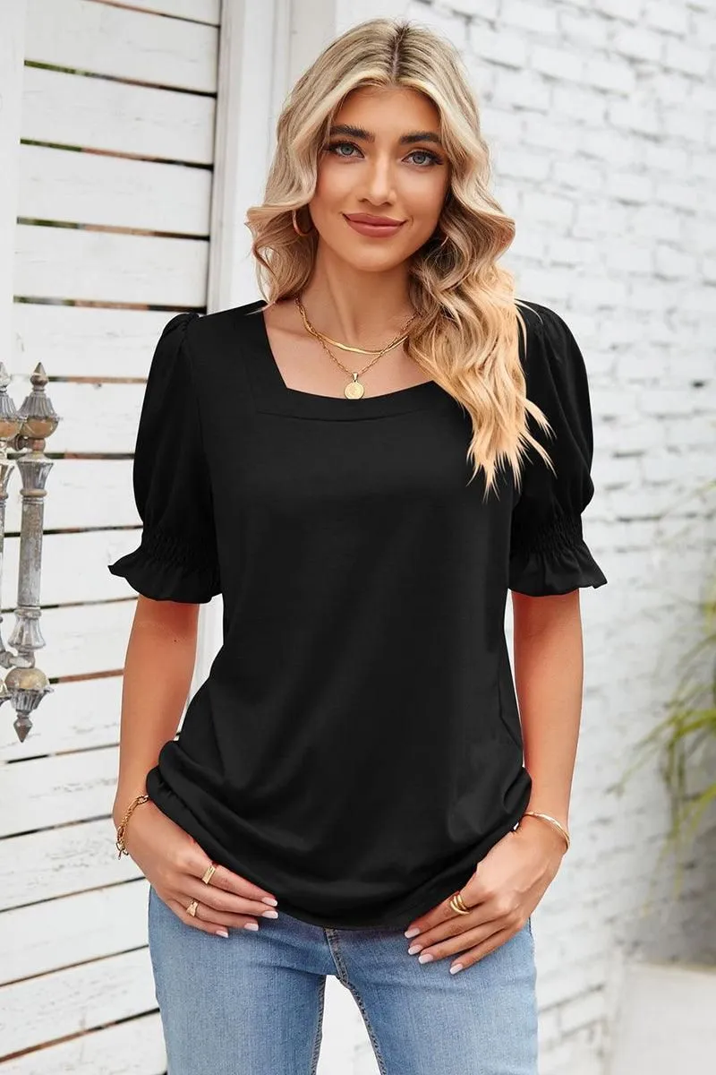 Soft Feel SQUARE NECK RUFFLED SHORT SLEEVE WOMEN T SHIRTS