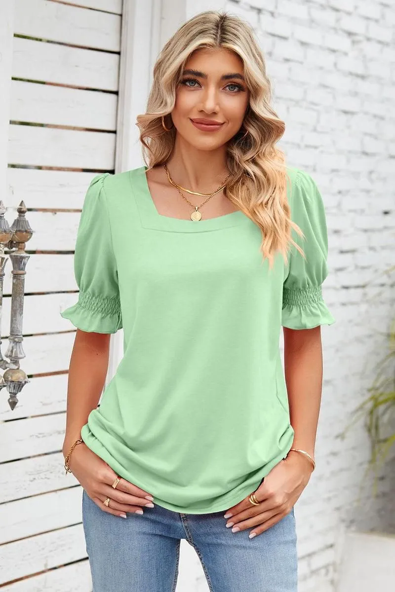 MinimalistSilhouette SQUARE NECK RUFFLED SHORT SLEEVE WOMEN T SHIRTS