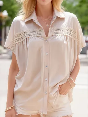 Flatlock stitching QuickDry V-Neck Button Up Solid Color Lace Cutout Shirt ??Elegant & Stylish