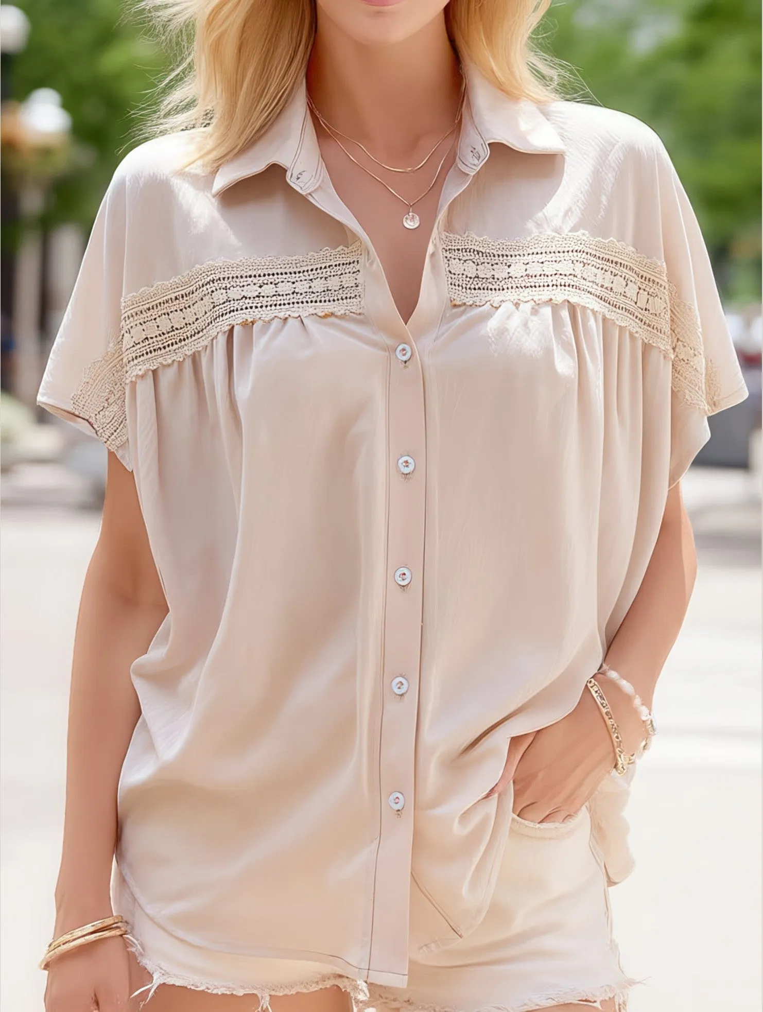 RibbedTexture Soft Knit V-Neck Button Up Solid Color Lace Cutout Shirt ??Elegant & Stylish