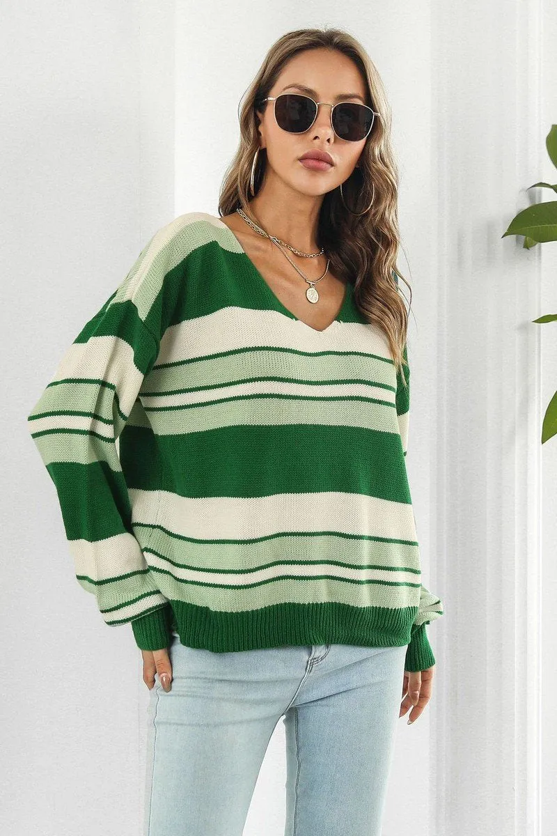 V NECK CASUAL STRIPE LONG SLEEVE SWEATER Versatile Comfort Wear BioBased Fibers