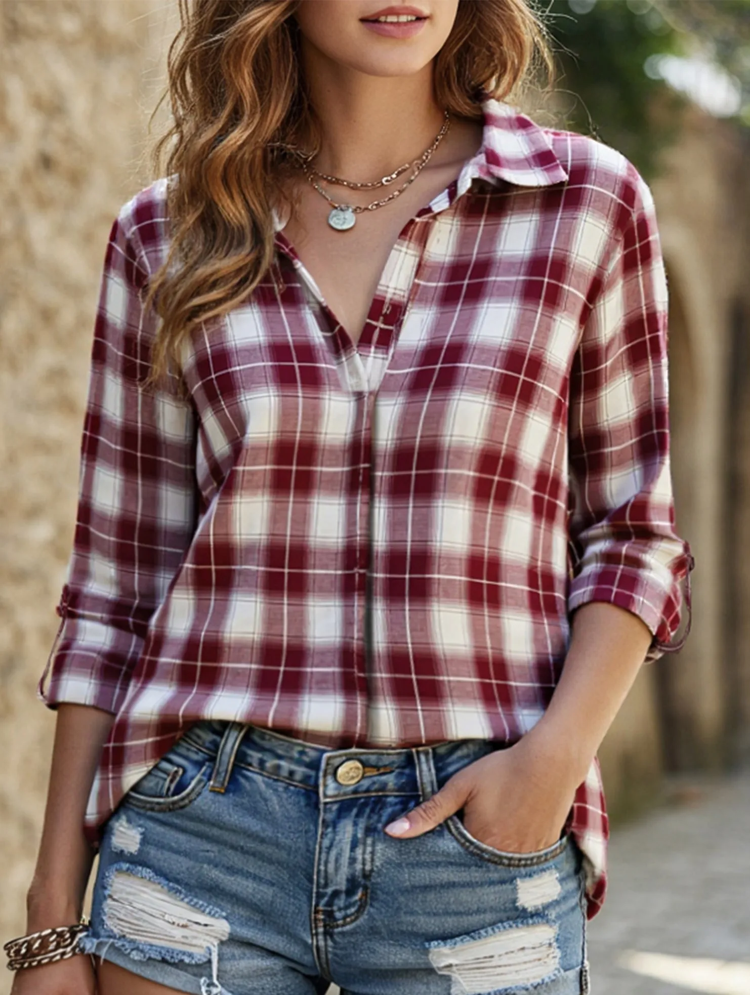 NonChafe Lining WrinkleResistant V-neck lapel loose-fitting women's plaid shirt