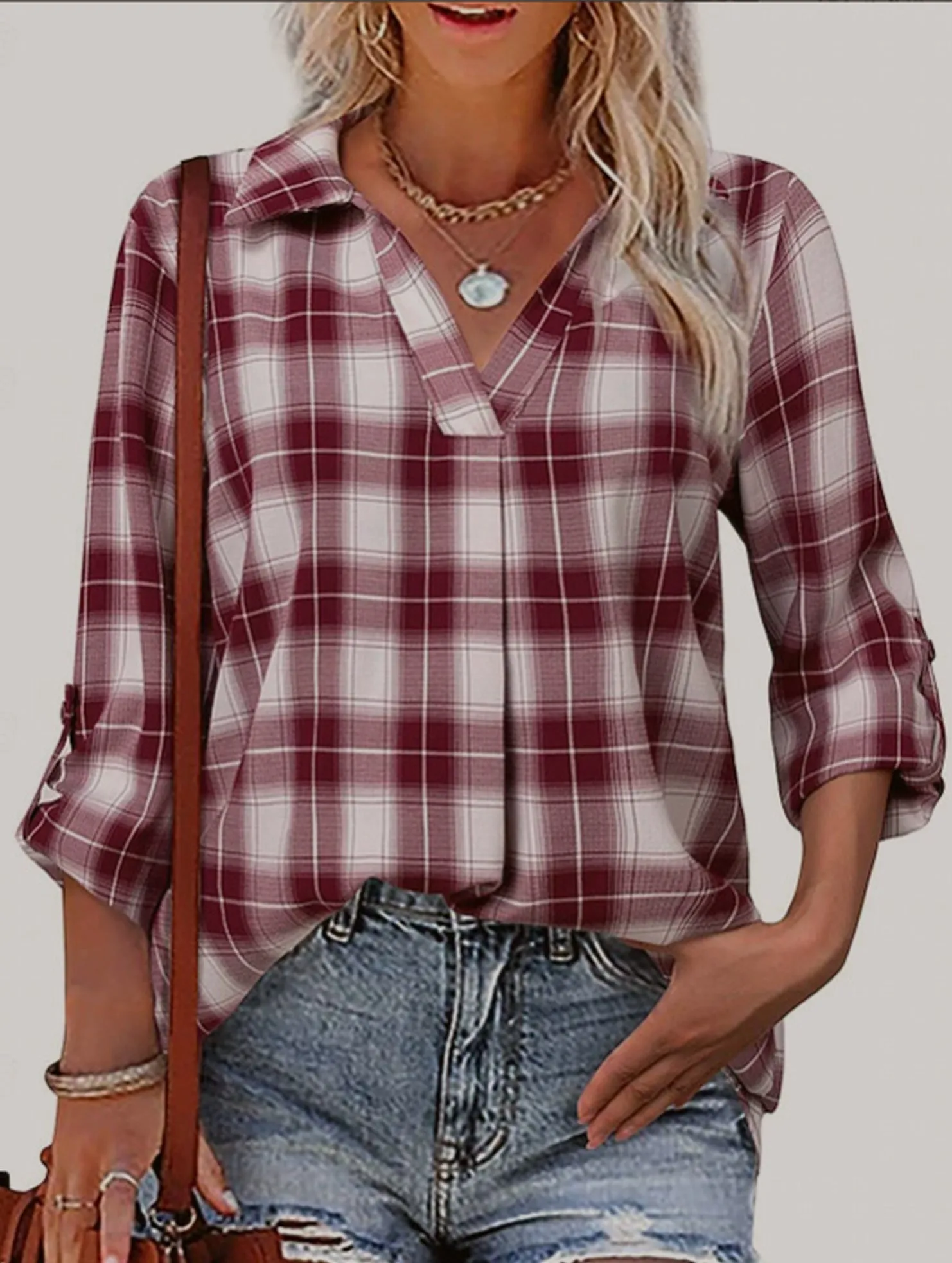 V-neck lapel loose-fitting women's plaid shirt Soft Texture