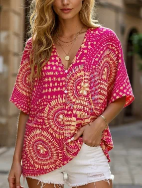 StretchKnit V-Neck Printed Resort-Style Bat-Sleeved Top ??Breezy & Chic Summer Essential