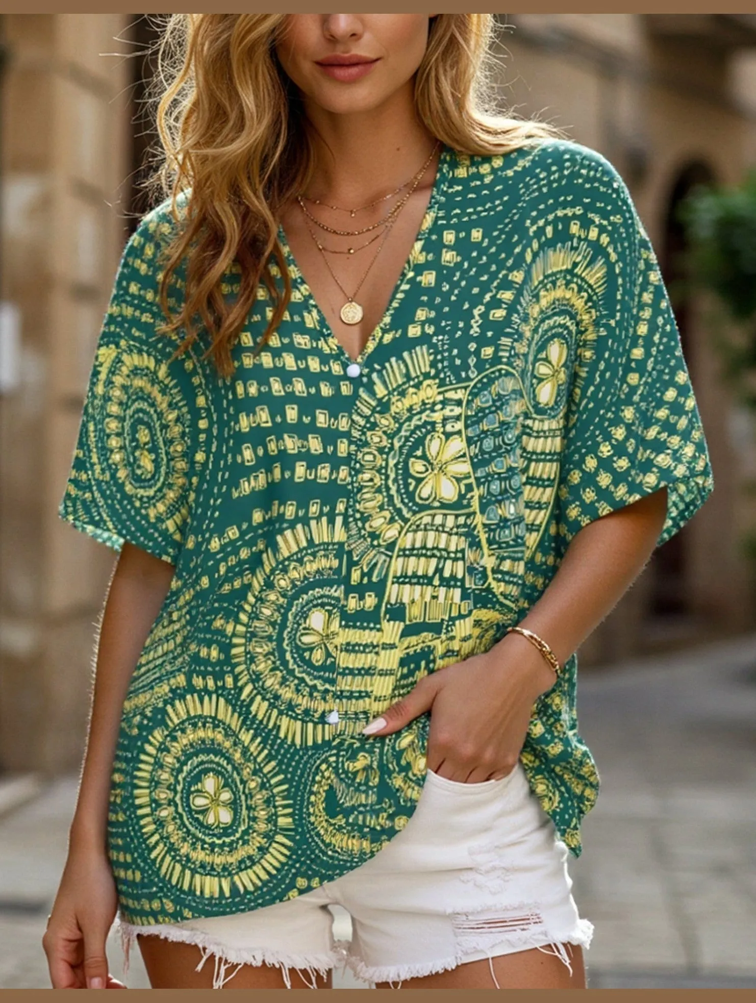V-Neck Printed Resort-Style Bat-Sleeved Top ??Breezy & Chic Summer Essential Casual Layer cycling outfit