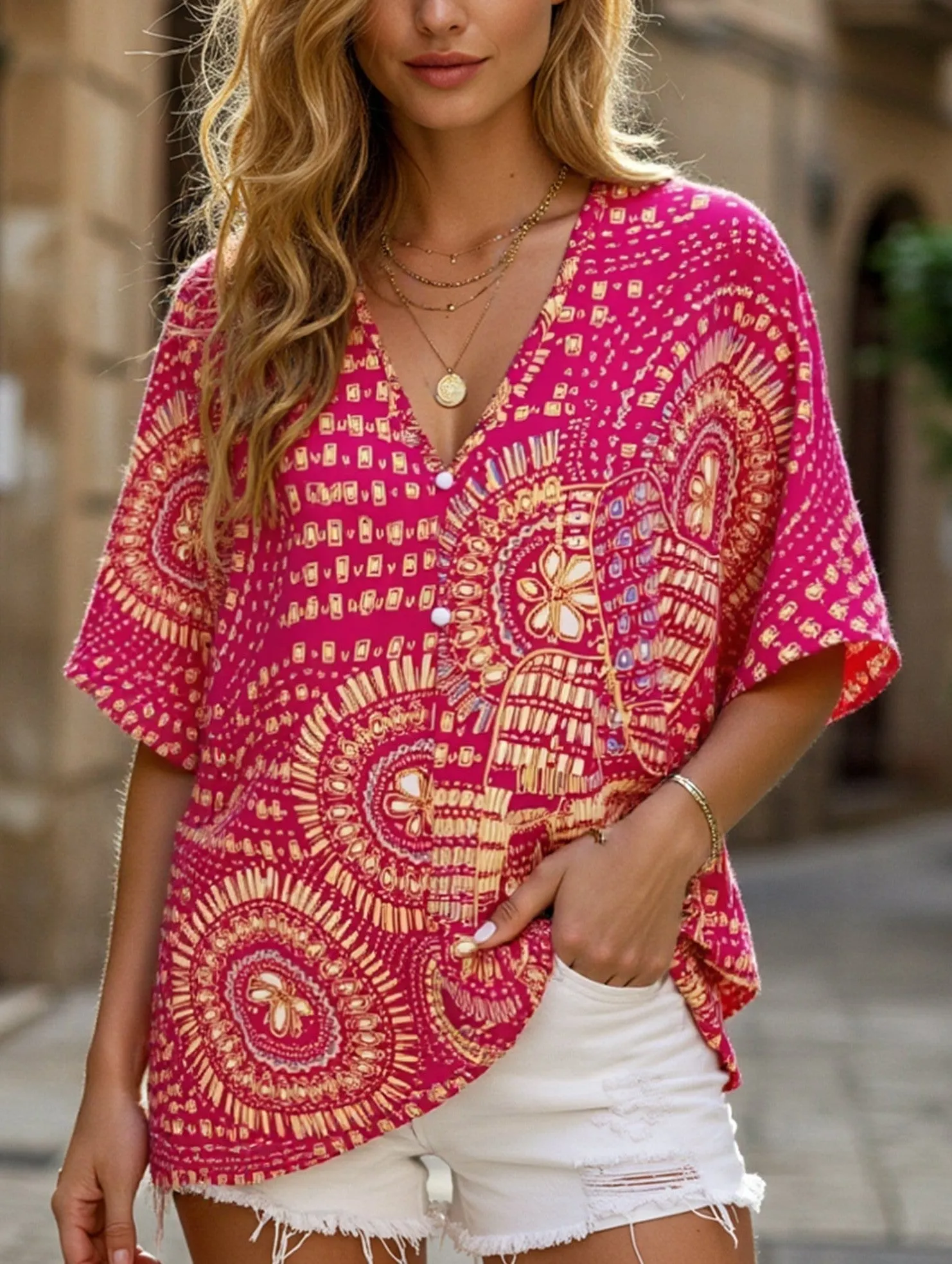 Classic Style V-Neck Printed Resort-Style Bat-Sleeved Top ??Breezy & Chic Summer Essential