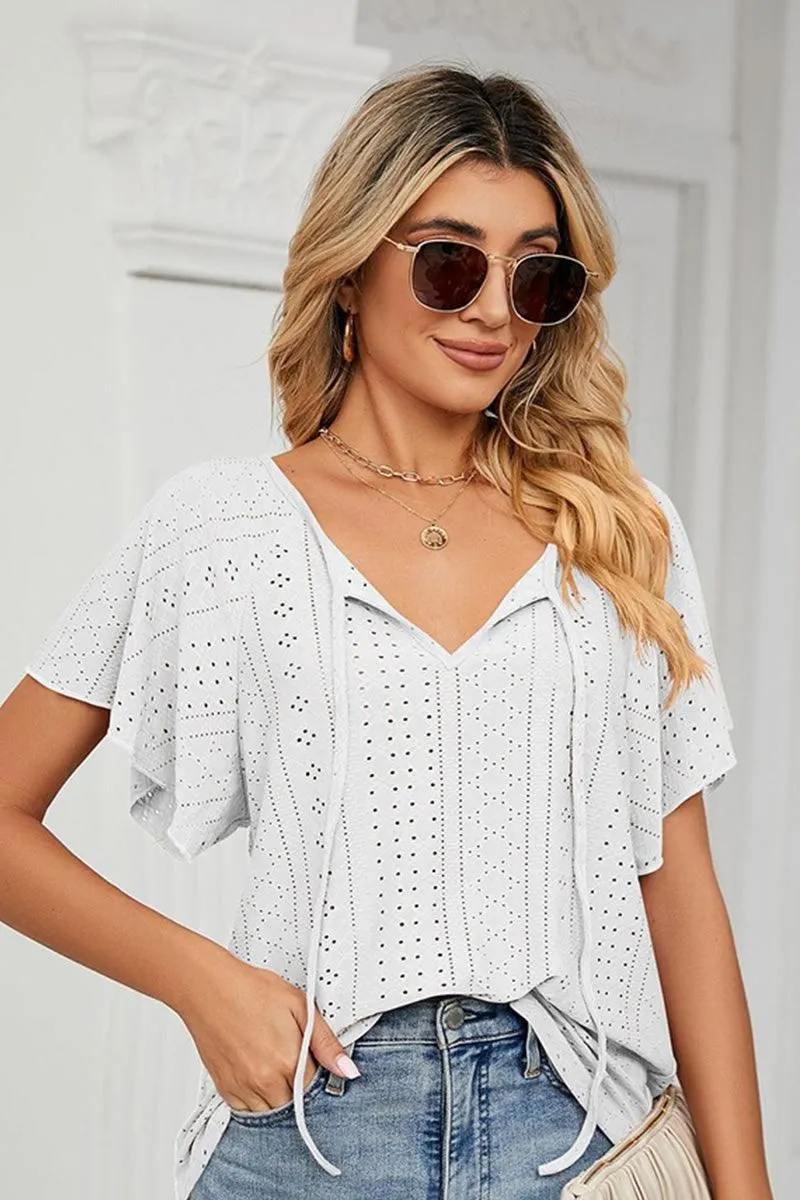 outdoor concert Perfect for Outdoors V NECK PUNCHING LACE UP RUFFLE LOOSE TOP