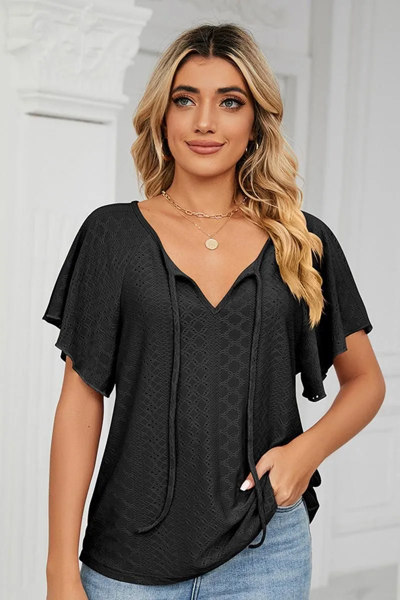 V NECK PUNCHING LACE UP RUFFLE LOOSE TOP Sustainable Packaging Prom