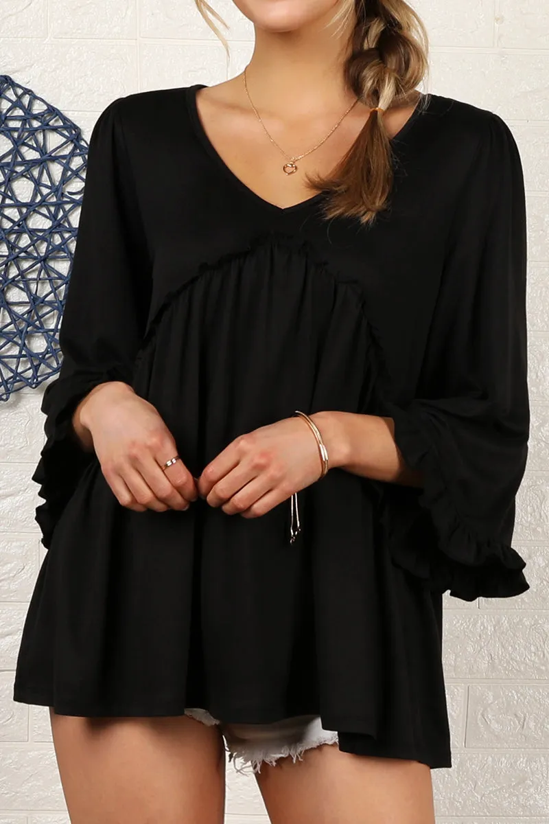 PlushLining Soft Touch Texture V- NECK WITH MINI RUFFLE DETAILED FLARE TOP