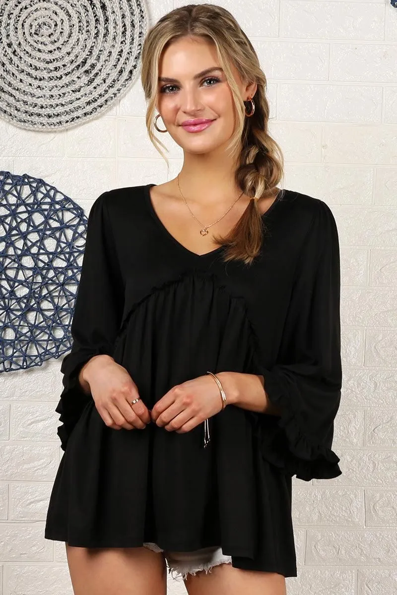 V- NECK WITH MINI RUFFLE DETAILED FLARE TOP discount offer