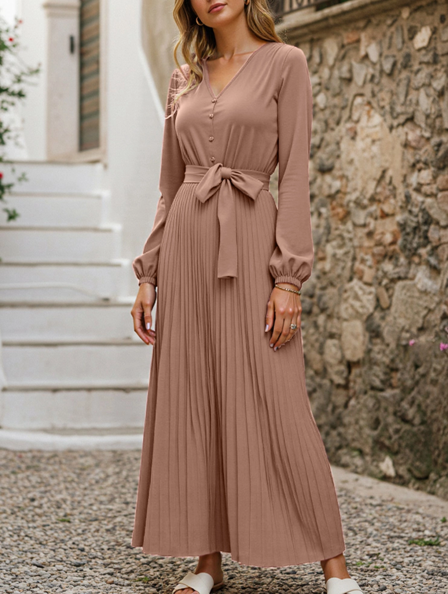 Tall Girl V-NECK BUTTON-UP LONG PLEATED DRESS