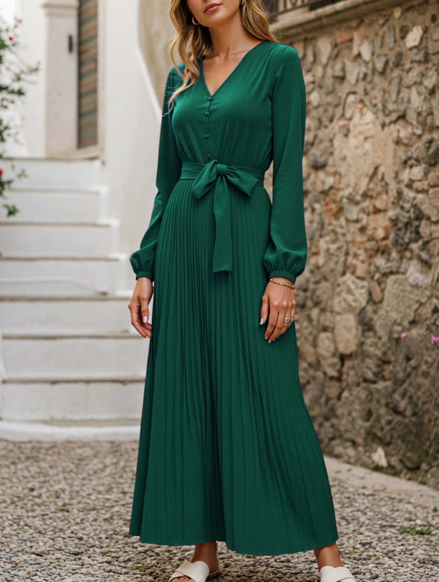 V-NECK BUTTON-UP LONG PLEATED DRESS Elegance Glow