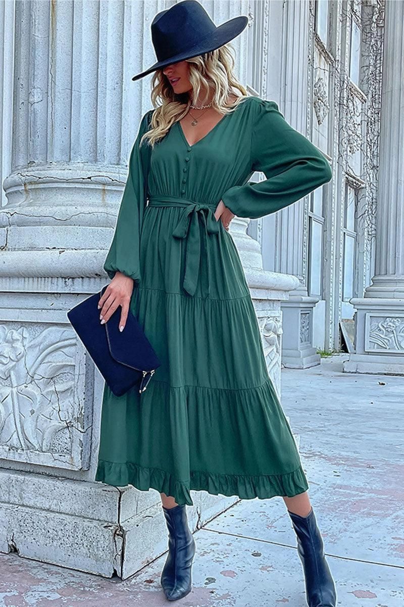 V NECK DRAWSTRING WAIST RUFFLED LONG DRESS Layered Movement