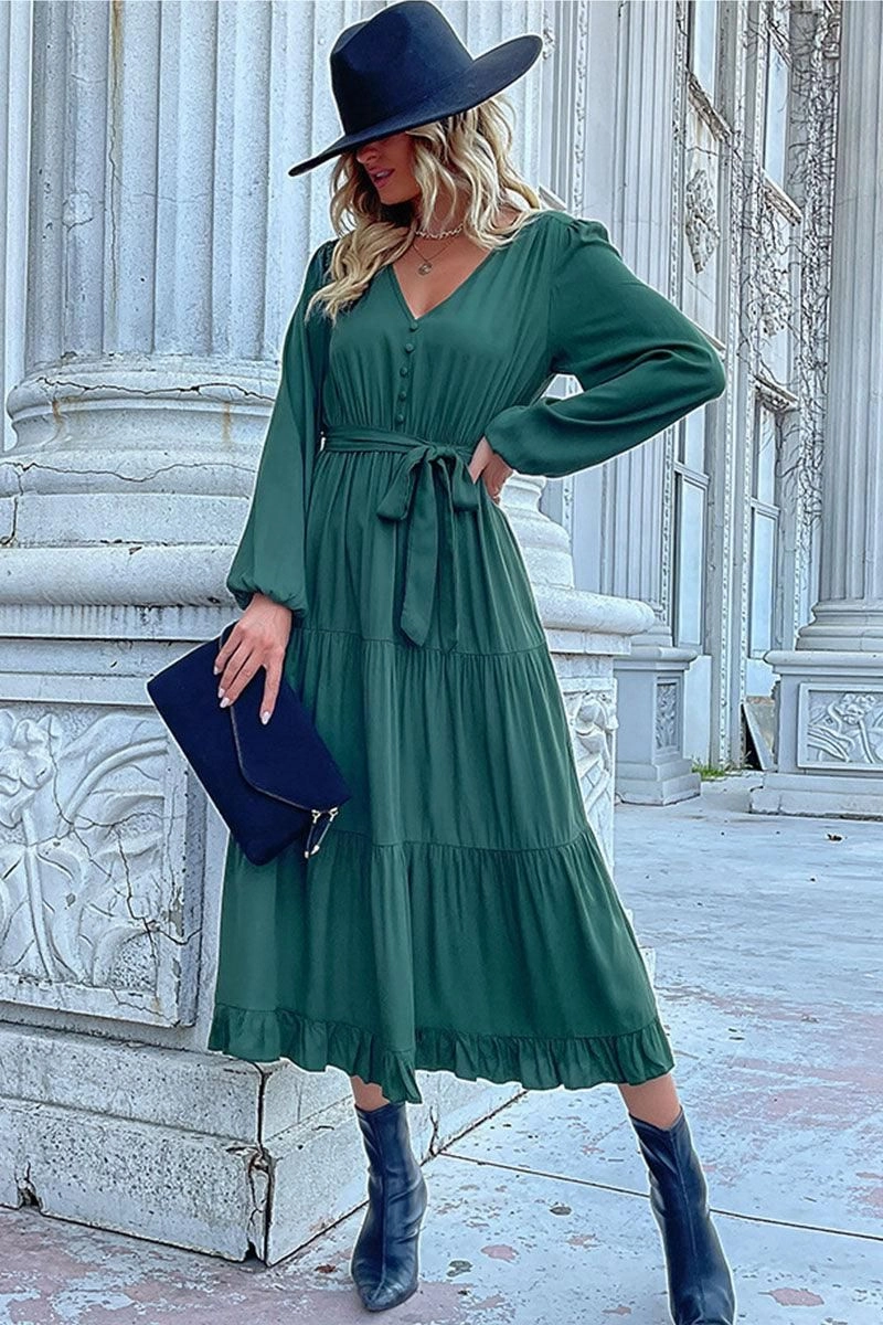 V NECK DRAWSTRING WAIST RUFFLED LONG DRESS Textured Flow Perfect Style Wear