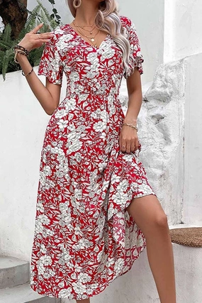 Beach Moment Lightweight Piece V NECK FLORAL PATTERN LONG DRESS