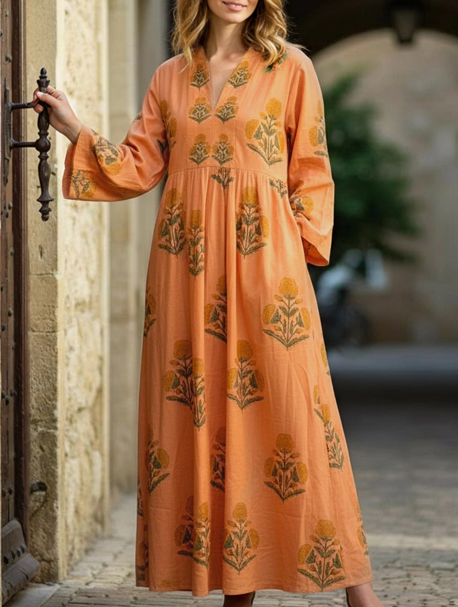 Silky-Feel Elegant Cut V-neck floral print three-quarter sleeve dress