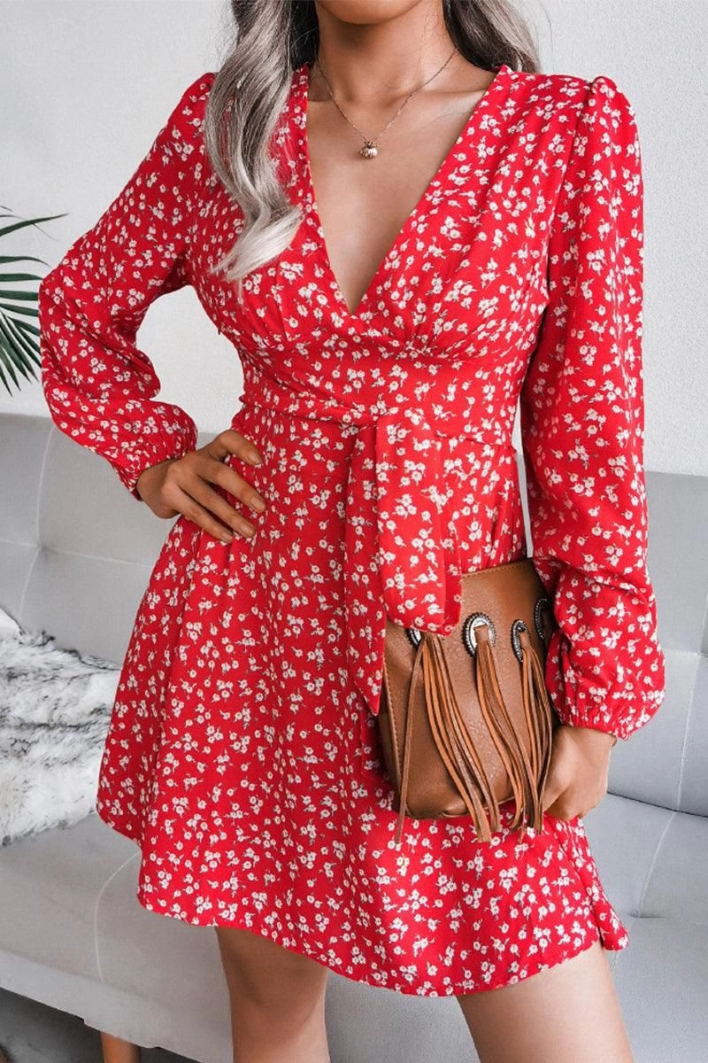 V NECK LONG SLEEVE FLORAL CHIFFON DRESS Chic beachwear dress Quick Look