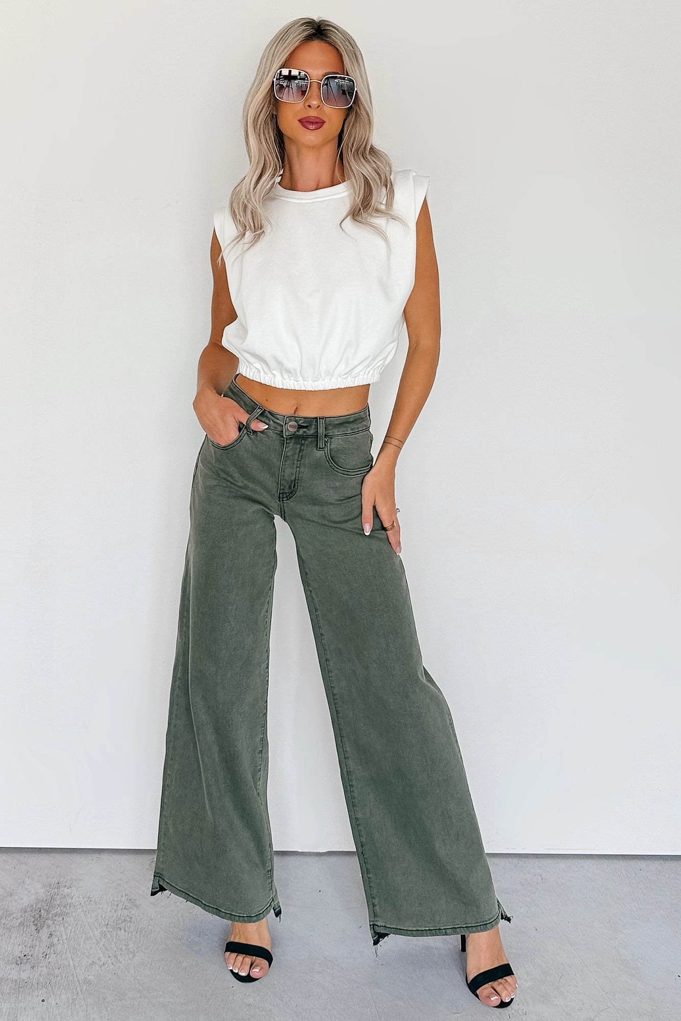 Valencia High Rise Wide Leg Mica Denim Jeans (Dark Green) Minimal Edge Non Fading Technology