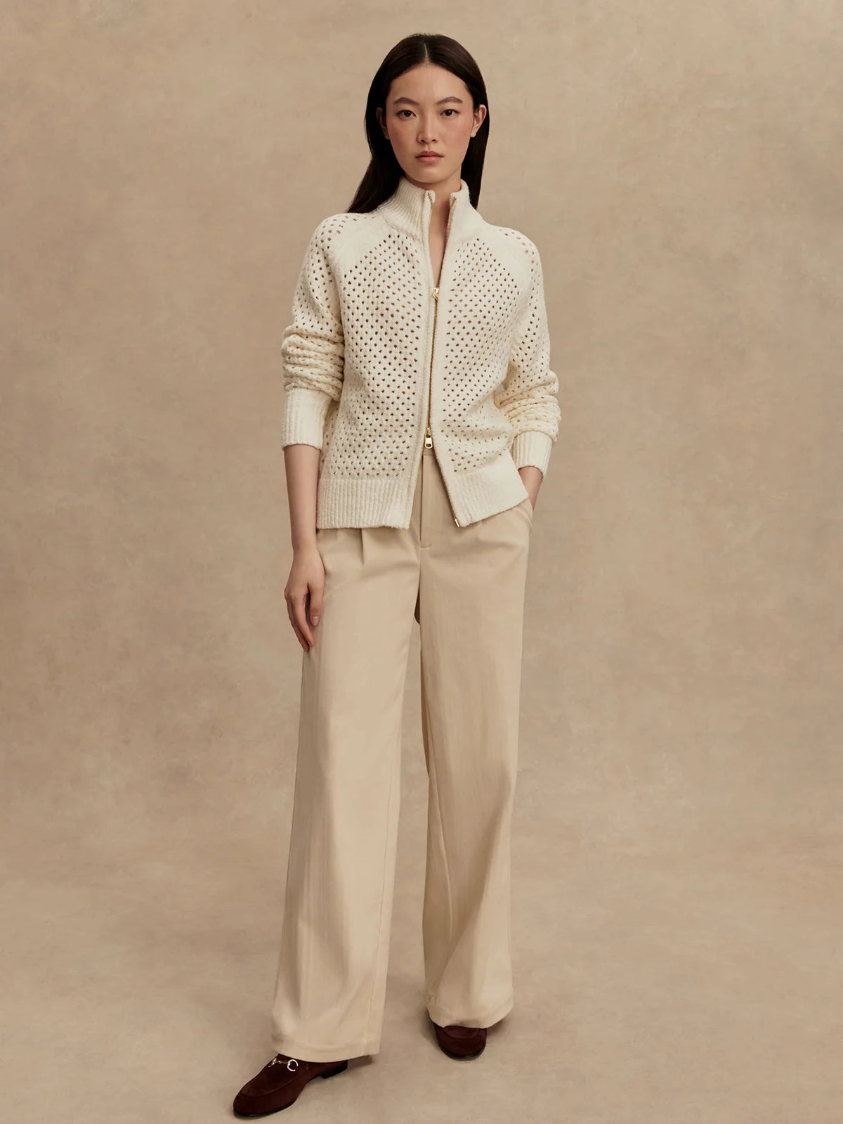 Light Reflective Zippers Varley Mandy Boucl?? Knit Jacket in Coconut Milk