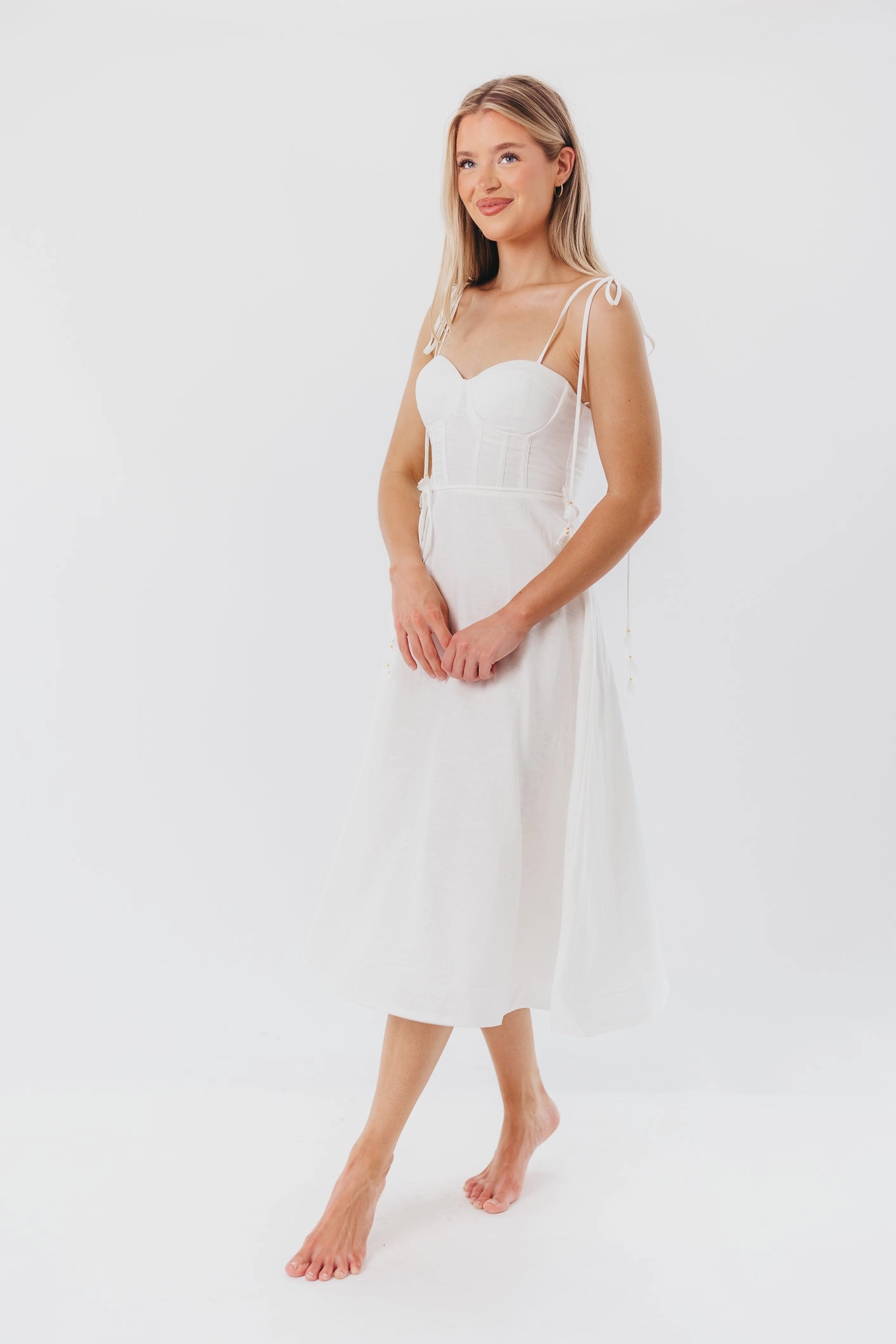 Norma Jean Bustier-Style Midi Dress in White Subtle Motion