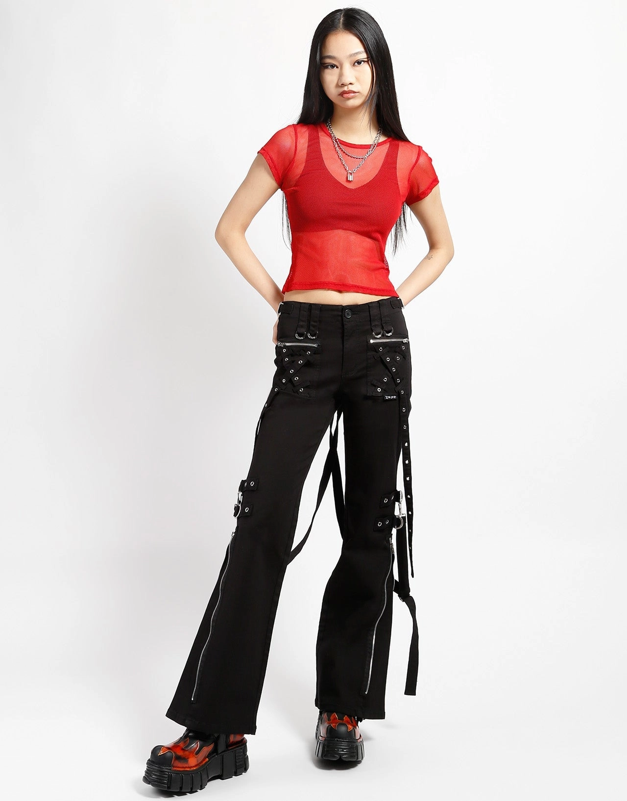BABY TEE FISHNET RED Laser Cut Edges Trendy Look
