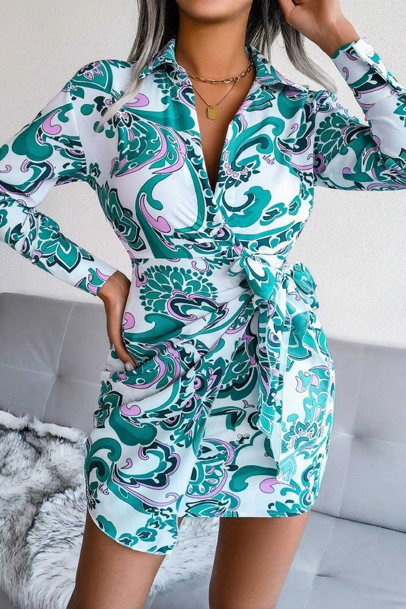 Sleek Fit Layered Volume WOMEN LONGSLEEVE PRINTED LACE UP SHIRT DRESS