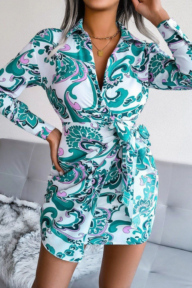 WOMEN LONGSLEEVE PRINTED LACE UP SHIRT DRESS Balanced feel Elegant Layer