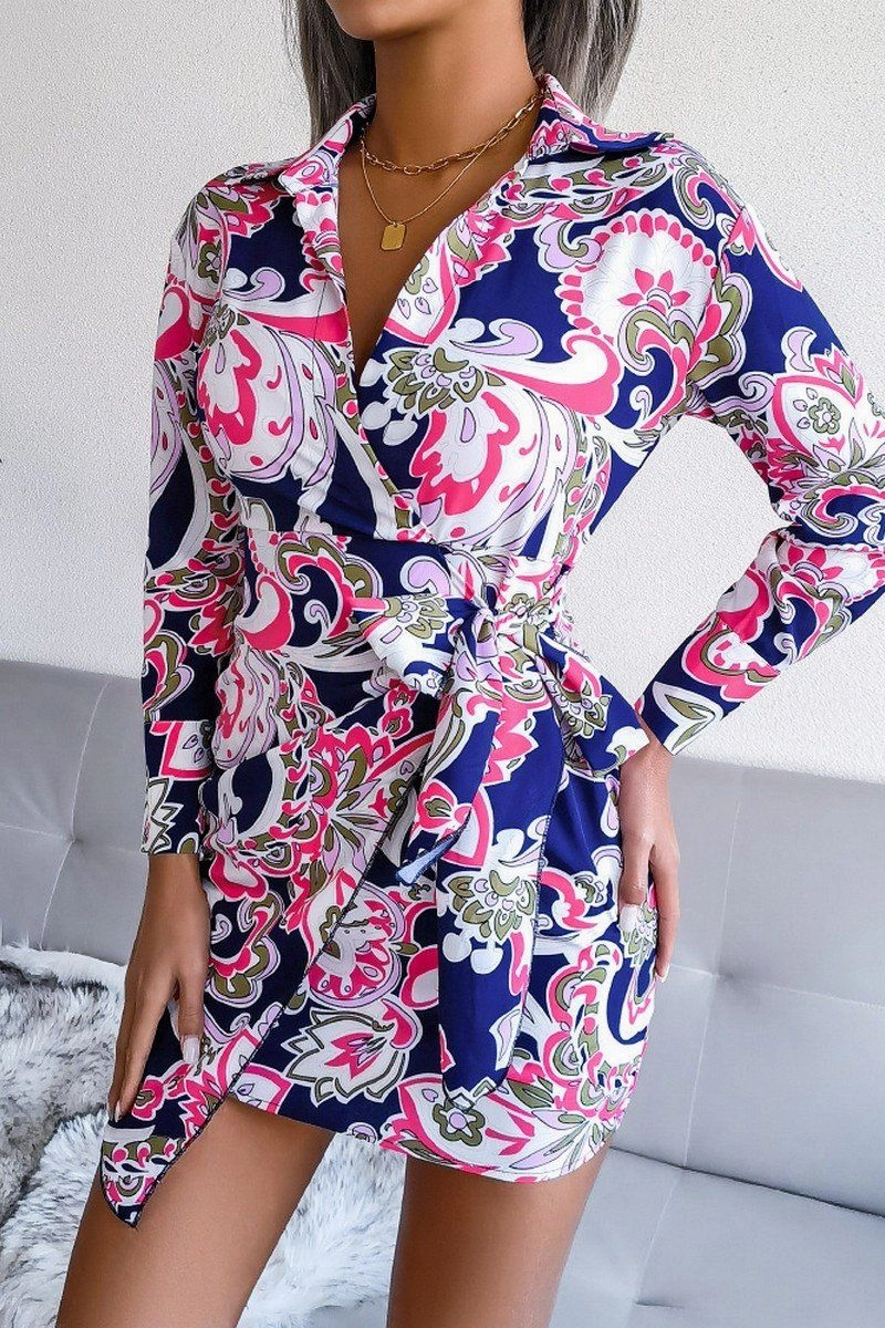WOMEN LONGSLEEVE PRINTED LACE UP SHIRT DRESS Comfortable Fashion Outdoor Activity
