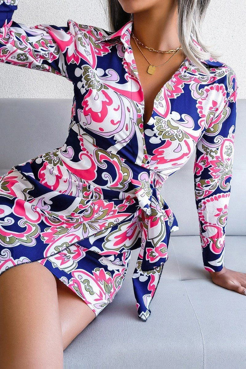 luxe feel WOMEN LONGSLEEVE PRINTED LACE UP SHIRT DRESS