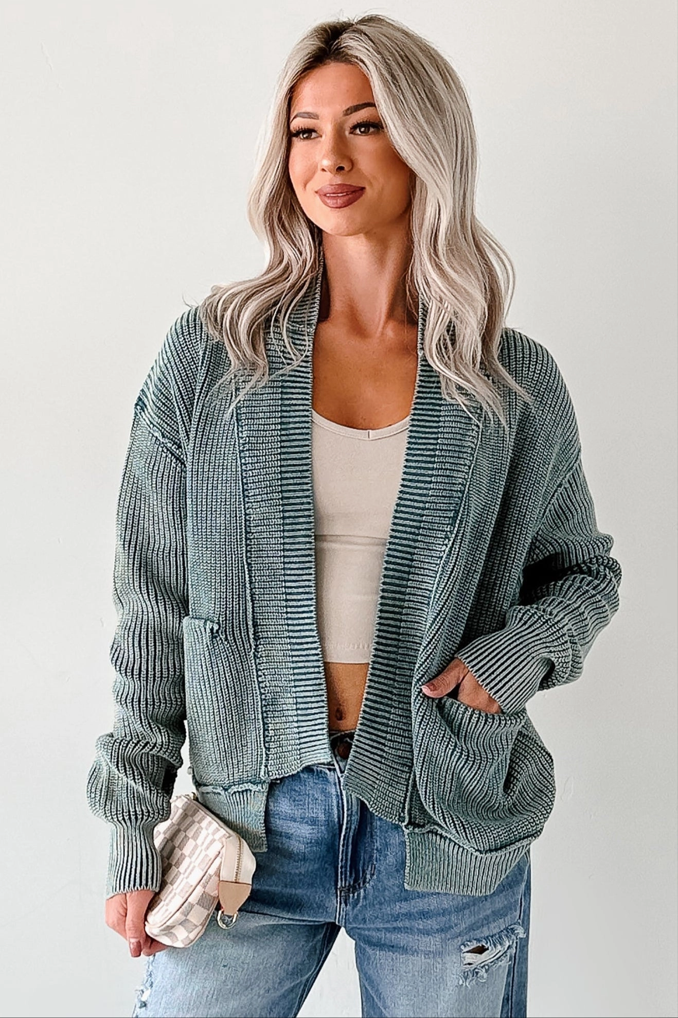Non Slip Collar Dream Wear Zenana Washed Knit Cardigan (Ash Jade)