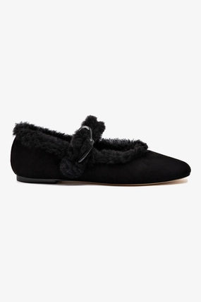 Verona Ballet Flat In Black Suede And Black Shearling Urban Style Park Game