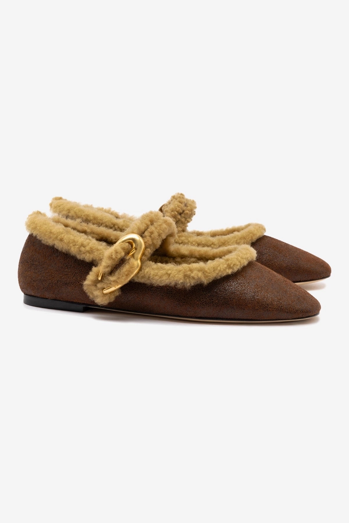 City Wander Verona Ballet Flat In Cocoa Leather And Natural Shearling