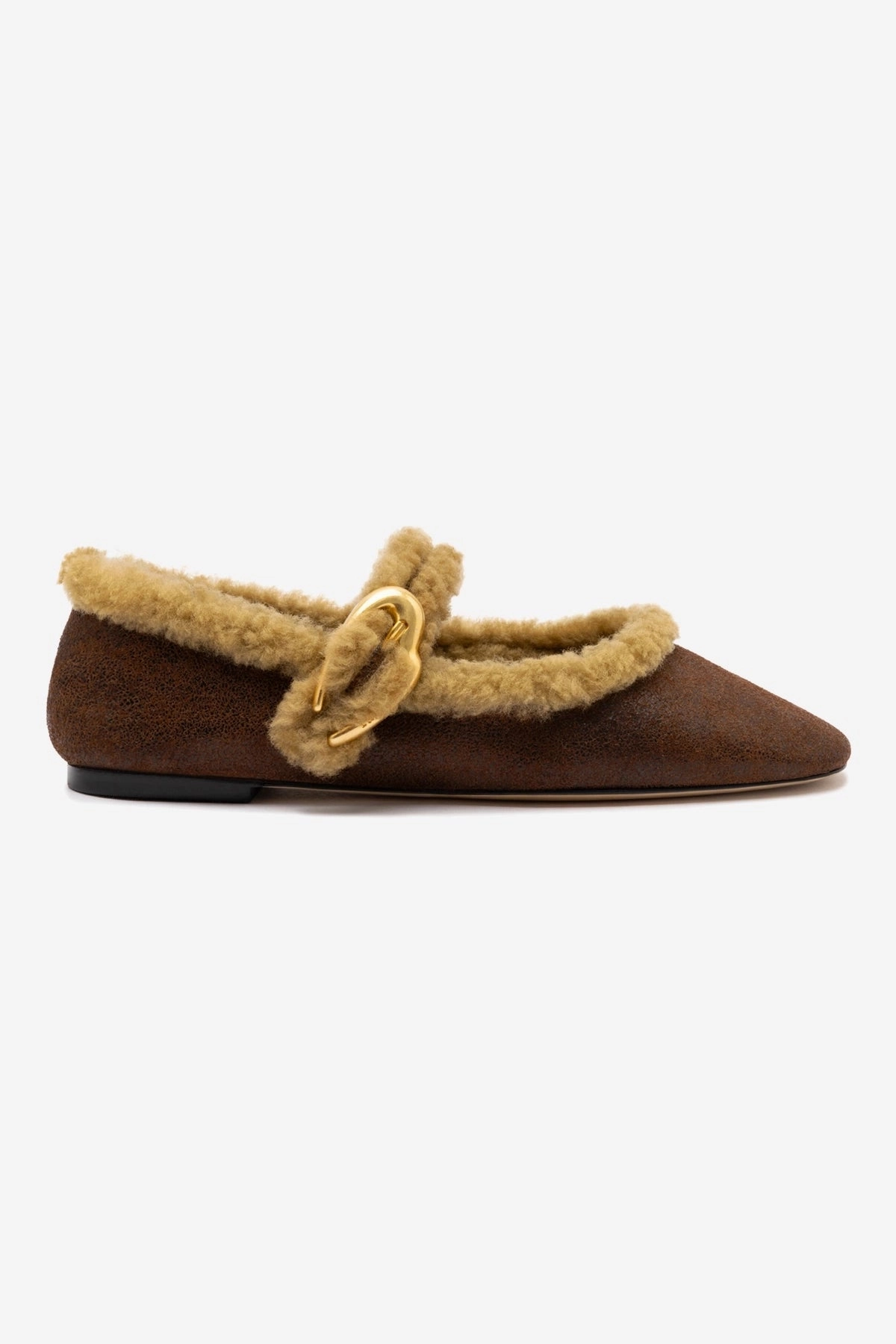 Peep Toe Verona Ballet Flat In Cocoa Leather And Natural Shearling