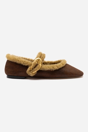 Peep Toe Verona Ballet Flat In Cocoa Leather And Natural Shearling