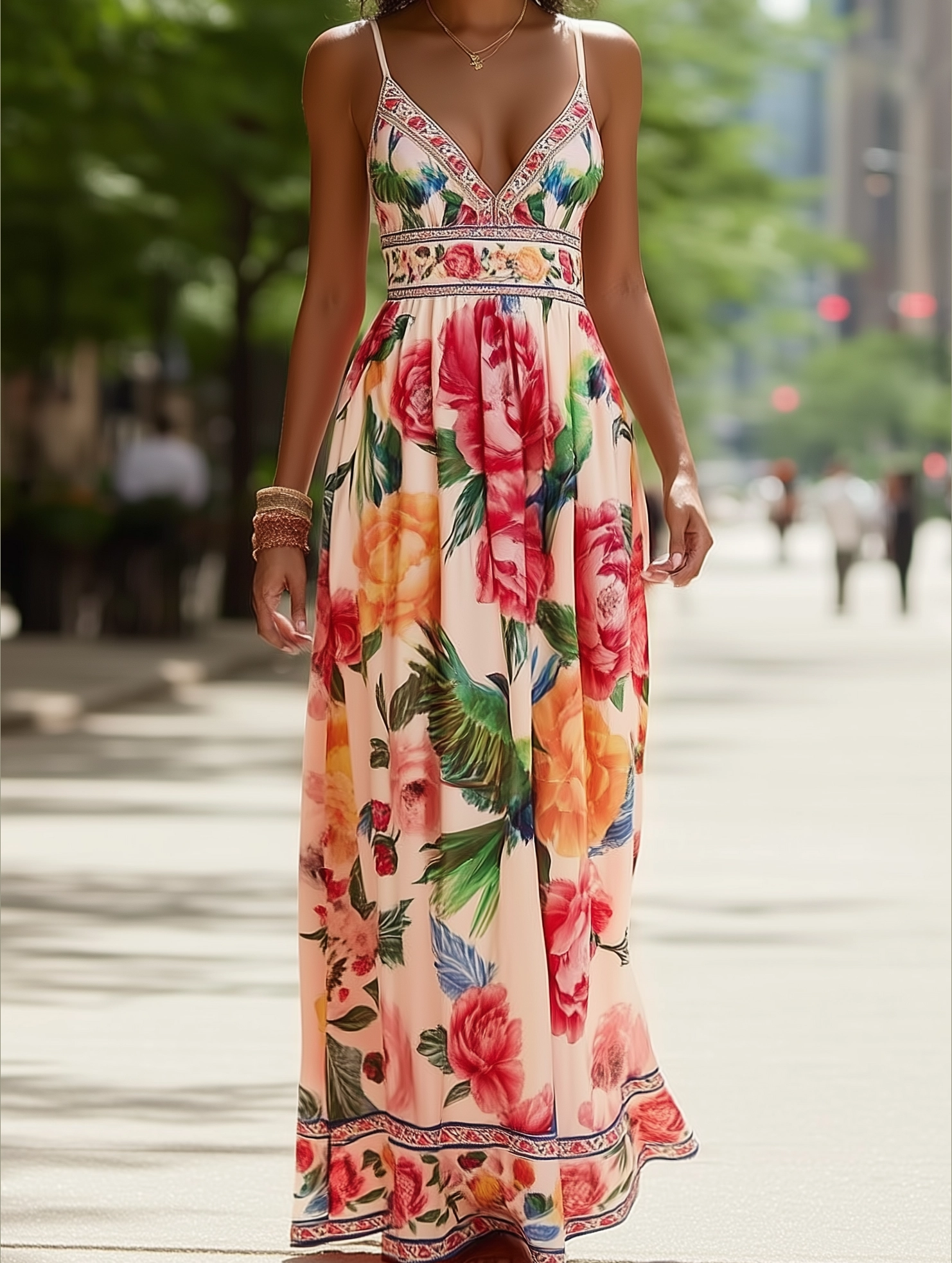 Verona Macaw & Peony Floral Print Resort Strappy Sundress ??Tropical Summer Flowy Dress Mood Glow