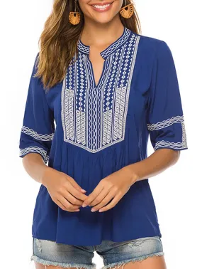 AdjustableCuffs Relaxed Blouse COTTON PLUS-SIZE V-NECK EMBROIDERED TOP_CWTBLS0659